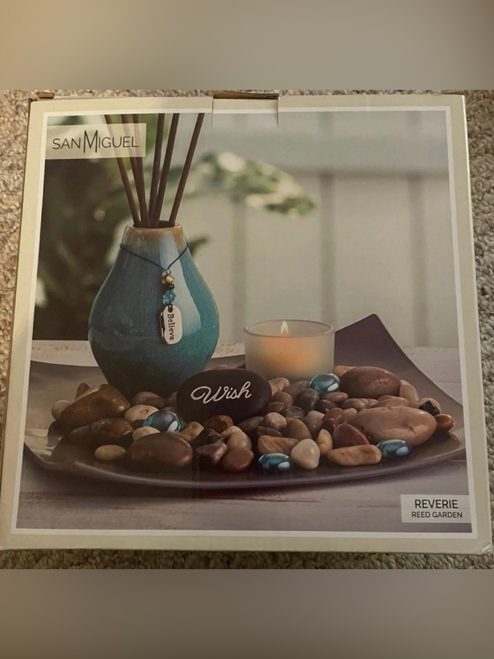 Teal Ceramic Reed Diffuser with Decorative Stones—San Miguel Reed Garden